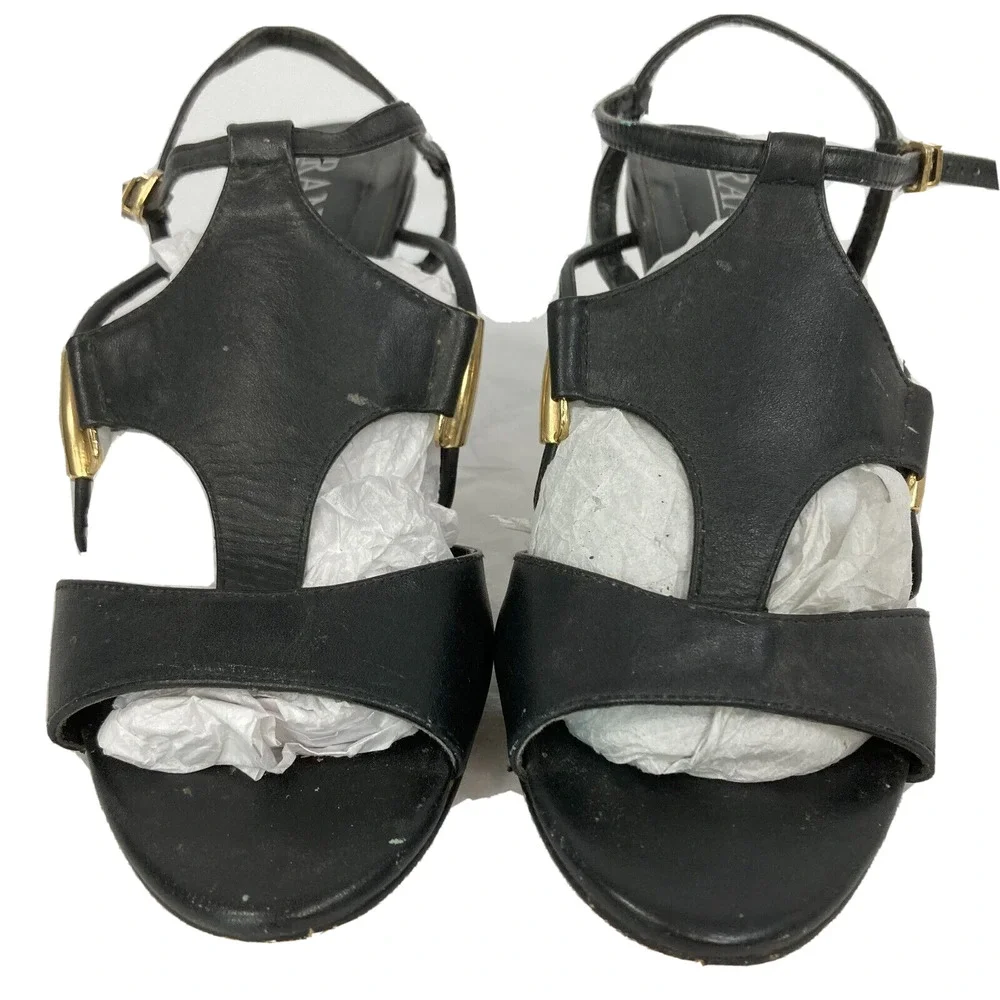 Arantza Sandals Womens Sz 7.5 Black‎ Leather T Strap Stiletto Heels